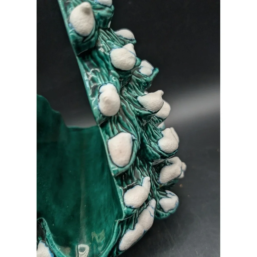 Vintage 1982 Handmade Ceramic Christmas Tree Napkin Holder Snow Capped Green